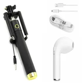 Combo Of Black Selfie Stick, I7 Single Bluetooth & Data Cable