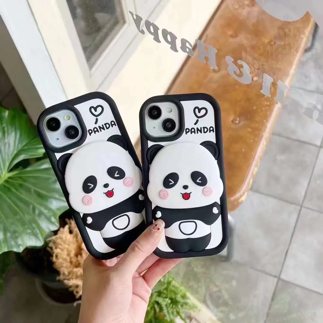 Cute Panda With Mirror Stand Silicon Phone Case For iPhone 16 Pro Max