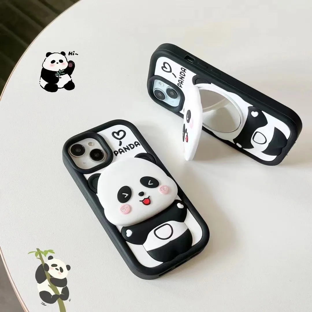 Cute Panda With Mirror Stand Silicon Phone Case For iPhone 16 Pro Max