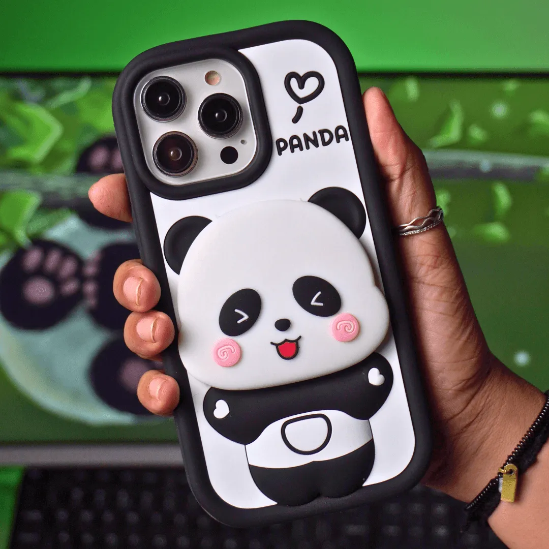 Cute Panda With Mirror Stand Silicon Phone Case For iPhone 16 Pro Max