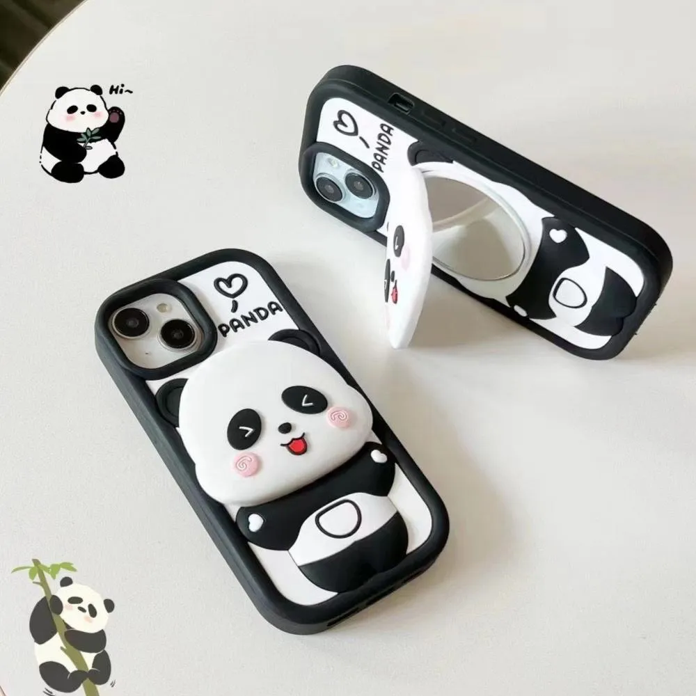 Cute Panda With Mirror Stand Silicon Phone Case For iPhone 16 Pro Max