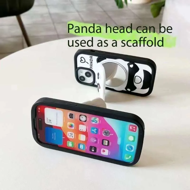 Cute Panda With Mirror Stand Silicon Phone Case For iPhone 16 Pro Max