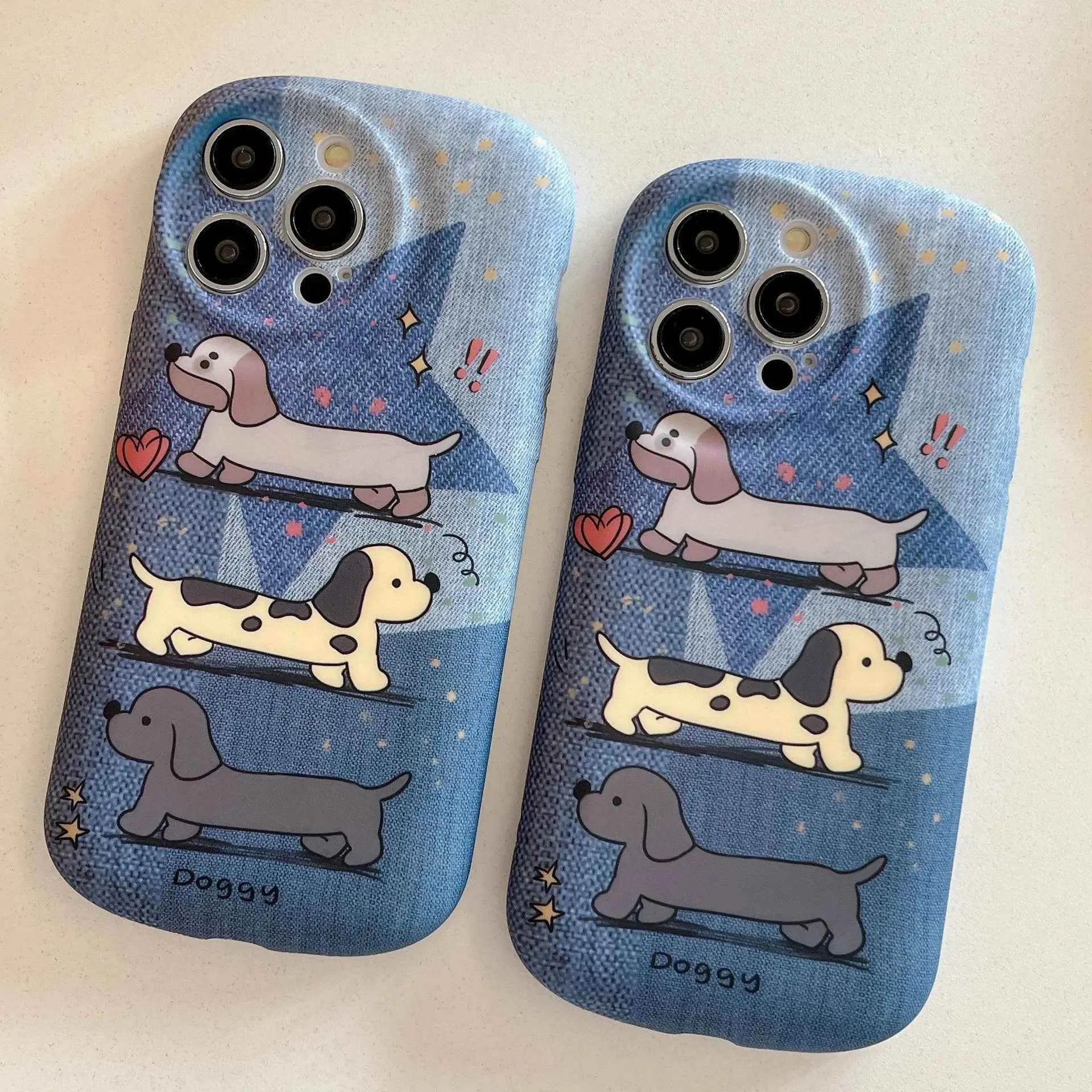 Cute Phone Cases - Dachshund Puppy Denim Cartoon Cover for iPhone 15, 14, 13, 12, 11, Pro Max - TSP380