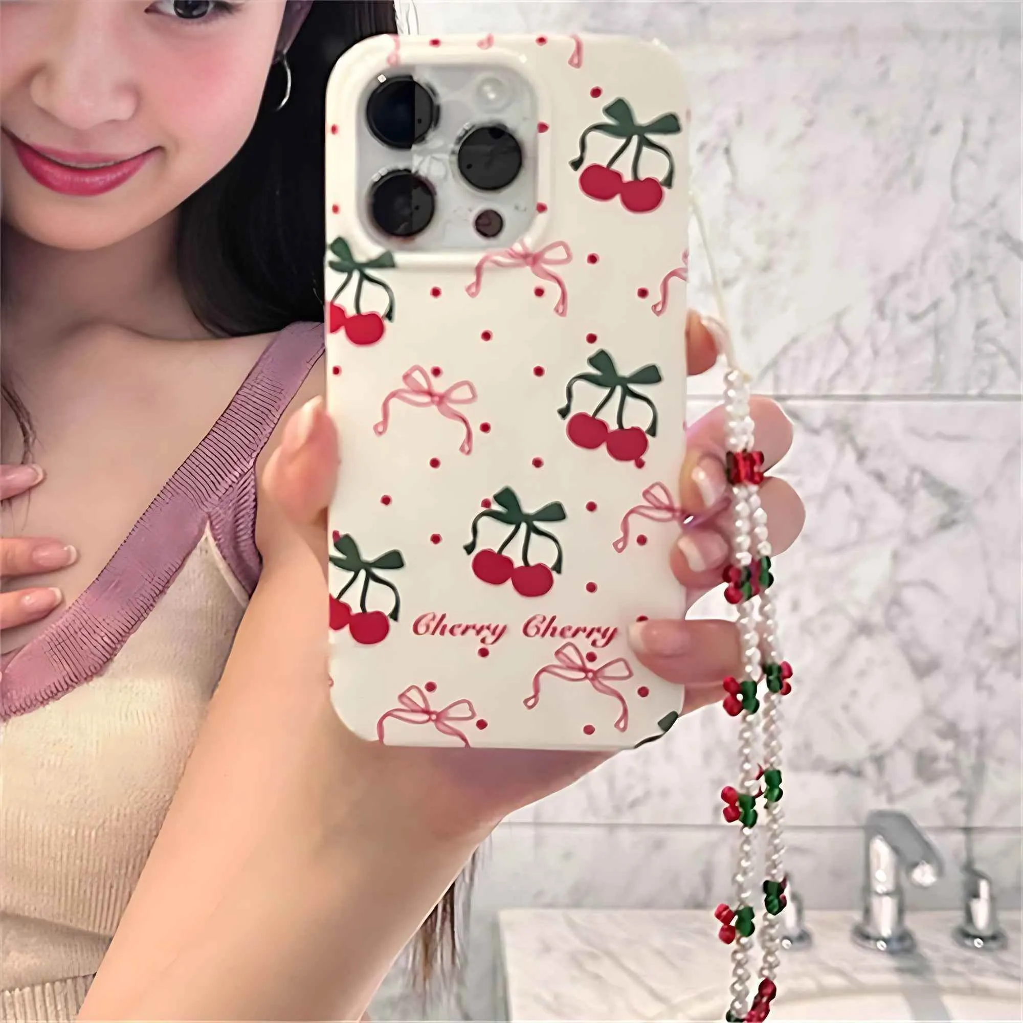 Cute Phone Cases for iPhone 15, 14, 13, 12, 11 Pro Max, and 14 and 15 Plus - Cherry Bowknot Bracelet Cover - TSP345