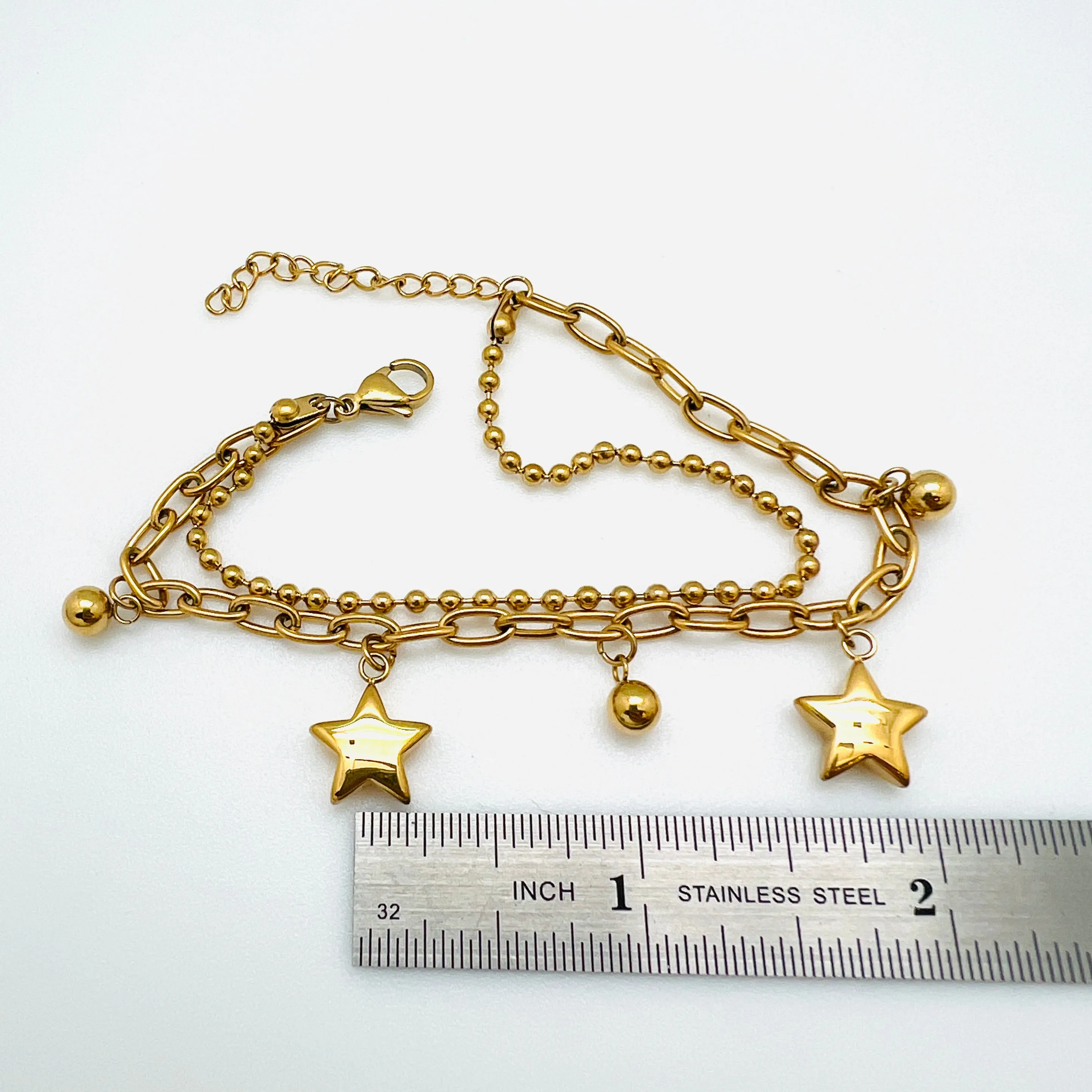 Double Layered Chain & Star Charm Bracelet - Plated Stainless - 6.75"