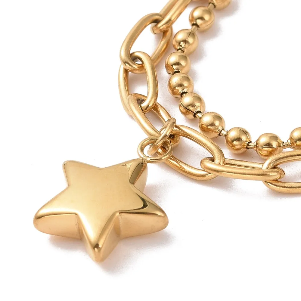 Double Layered Chain & Star Charm Bracelet - Plated Stainless - 6.75"