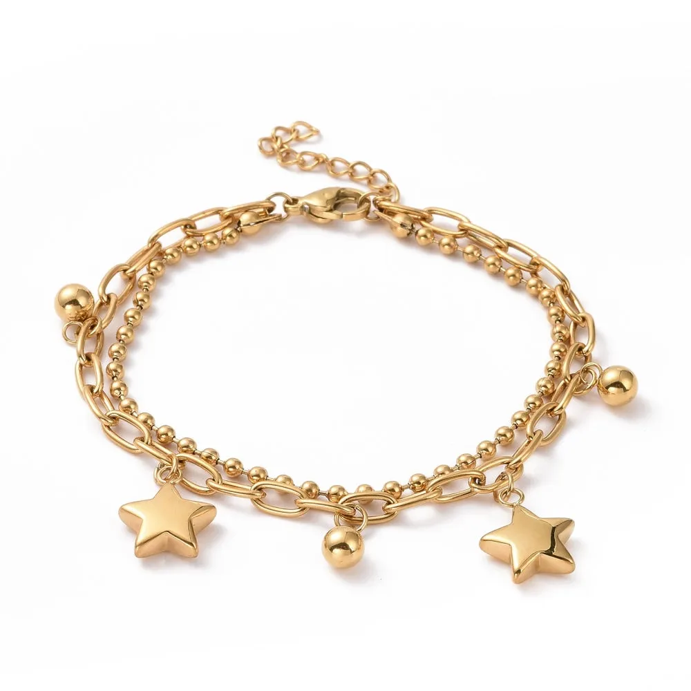 Double Layered Chain & Star Charm Bracelet - Plated Stainless - 6.75"