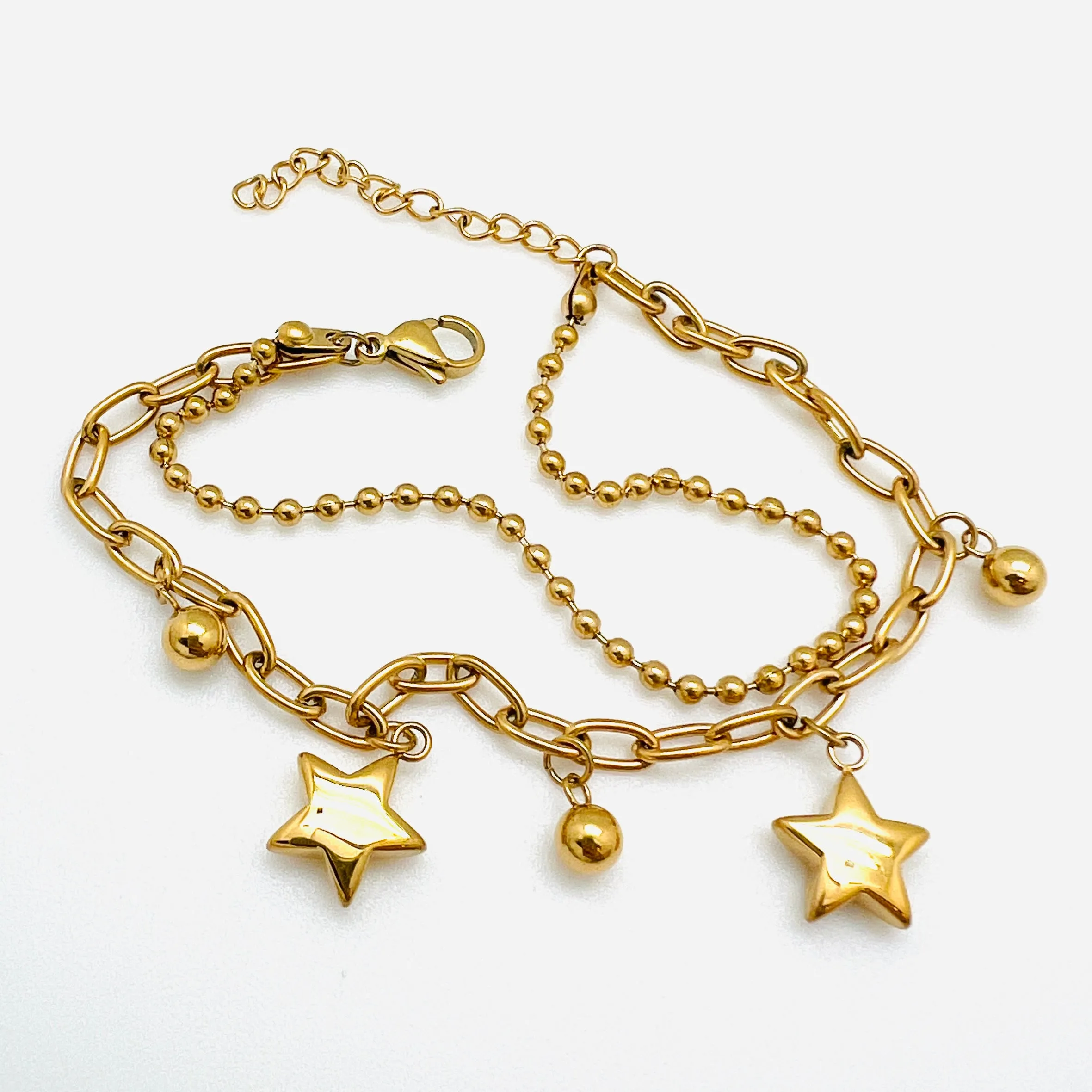 Double Layered Chain & Star Charm Bracelet - Plated Stainless - 6.75"