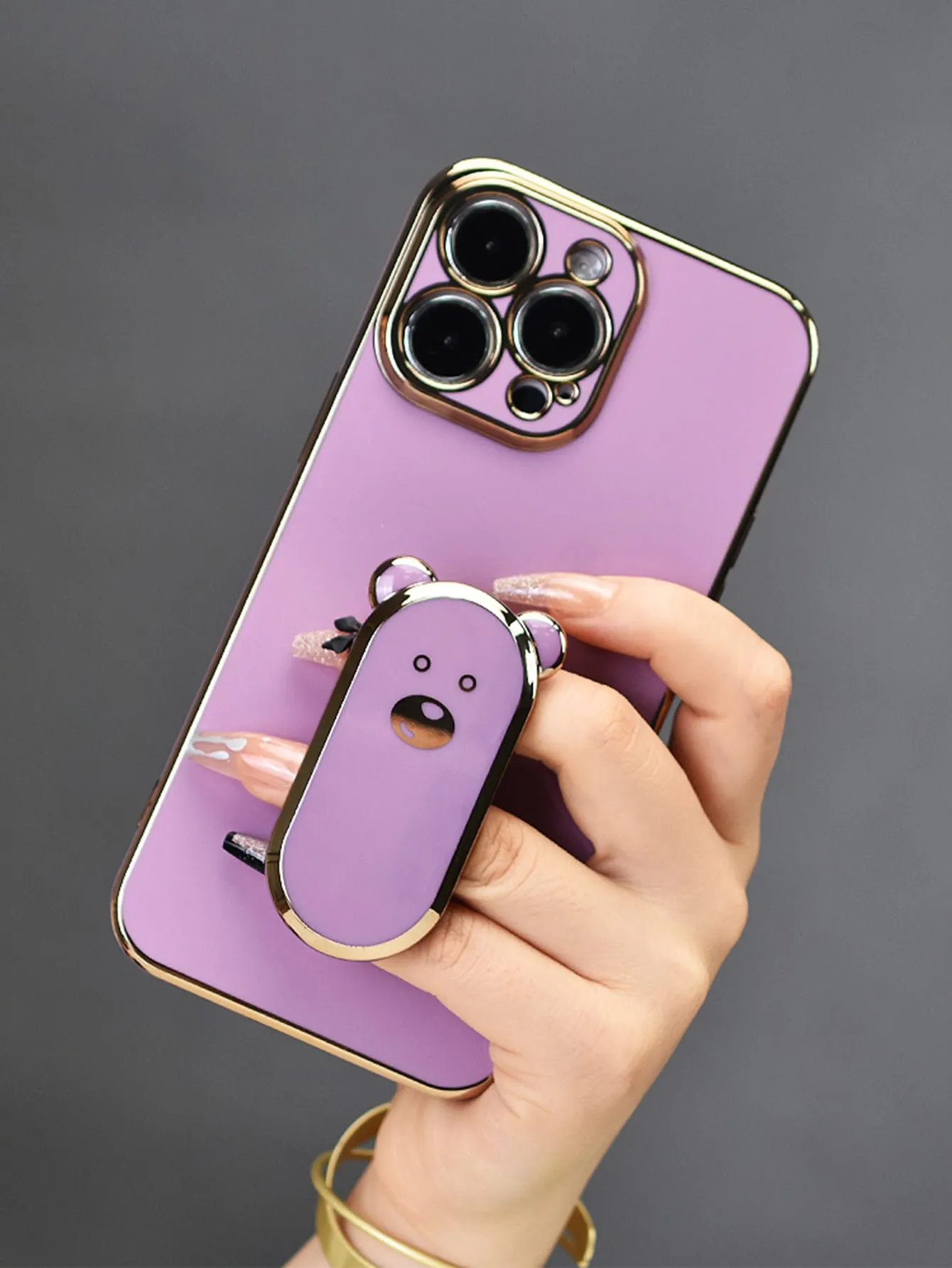 Electroplated Cute Bear Bracket Phone Case with Hidden Stand