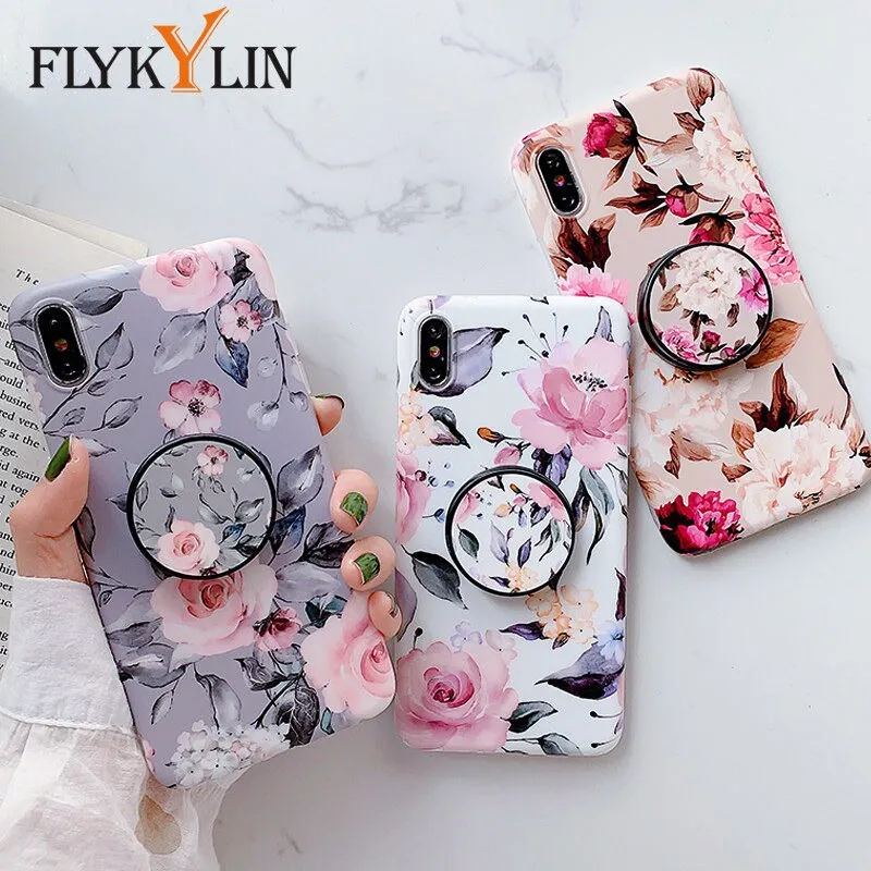 FLYKYLIN Marble Case For Samsung Galaxy A70 A50 A40 Back Cover on Flower Leaf Shell Soft IMD Silicone Phone Coque Holder Stand