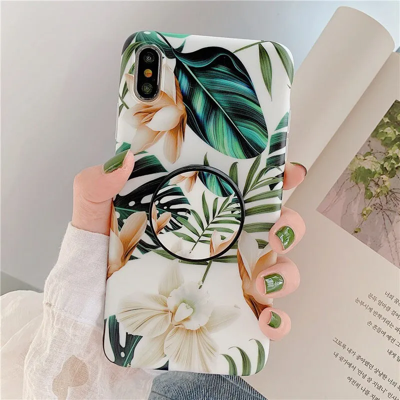 FLYKYLIN Marble Case For Samsung Galaxy A70 A50 A40 Back Cover on Flower Leaf Shell Soft IMD Silicone Phone Coque Holder Stand