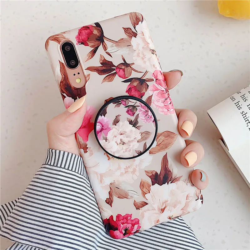 FLYKYLIN Marble Case For Samsung Galaxy A70 A50 A40 Back Cover on Flower Leaf Shell Soft IMD Silicone Phone Coque Holder Stand