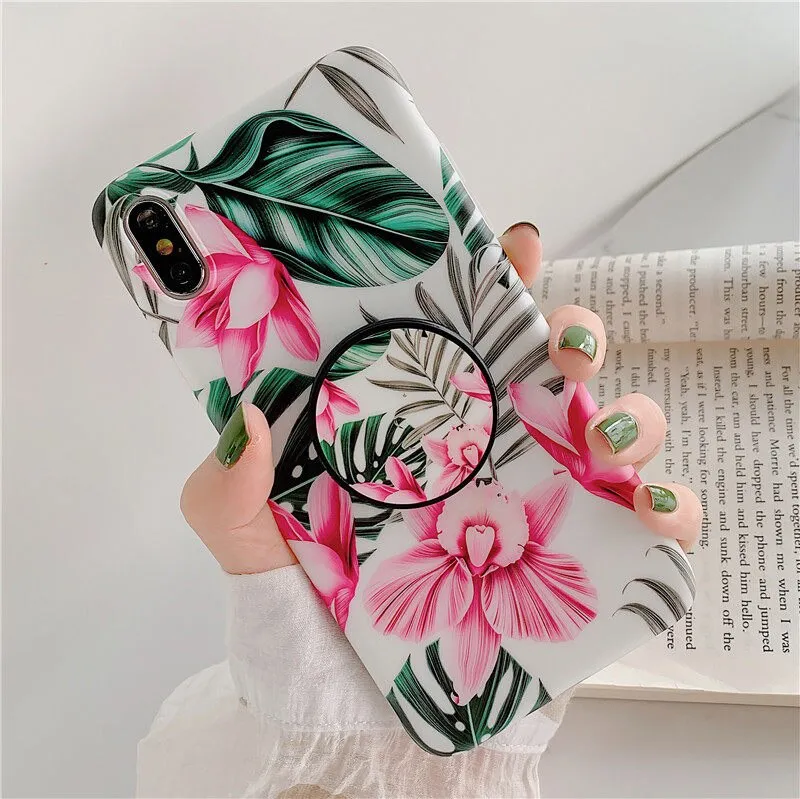 FLYKYLIN Marble Case For Samsung Galaxy A70 A50 A40 Back Cover on Flower Leaf Shell Soft IMD Silicone Phone Coque Holder Stand