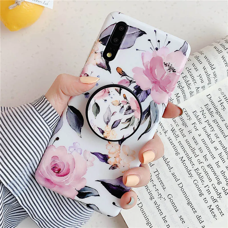 FLYKYLIN Marble Case For Samsung Galaxy A70 A50 A40 Back Cover on Flower Leaf Shell Soft IMD Silicone Phone Coque Holder Stand