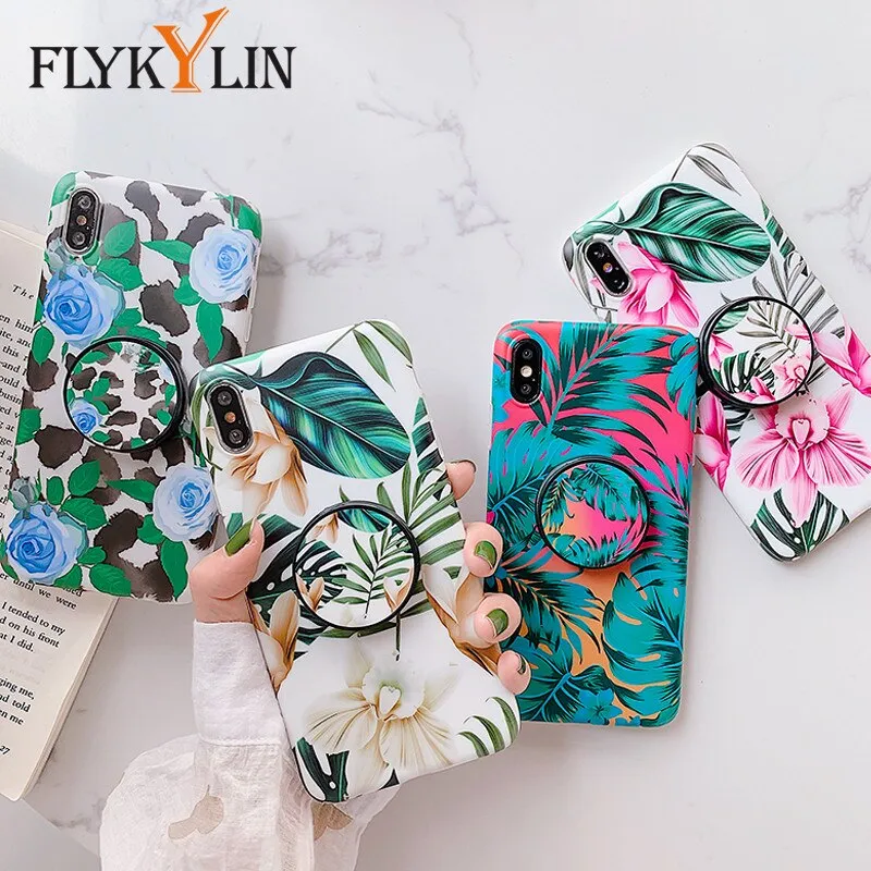 FLYKYLIN Marble Case For Samsung Galaxy A70 A50 A40 Back Cover on Flower Leaf Shell Soft IMD Silicone Phone Coque Holder Stand