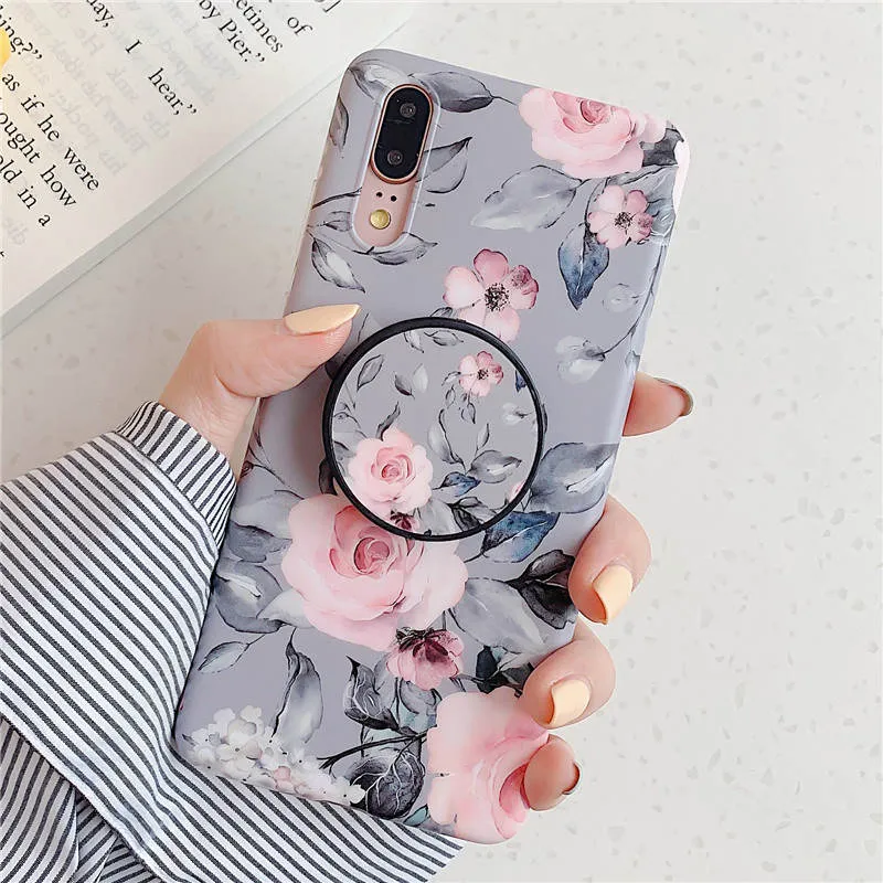 FLYKYLIN Marble Case For Samsung Galaxy A70 A50 A40 Back Cover on Flower Leaf Shell Soft IMD Silicone Phone Coque Holder Stand