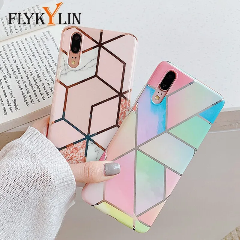 FLYKYLIN Ring Stand Case For Samsung Galaxy A50 A70 A40 Back Cover on Art Splice Marble Shell SKin Soft IMD Silicone Phone Coque