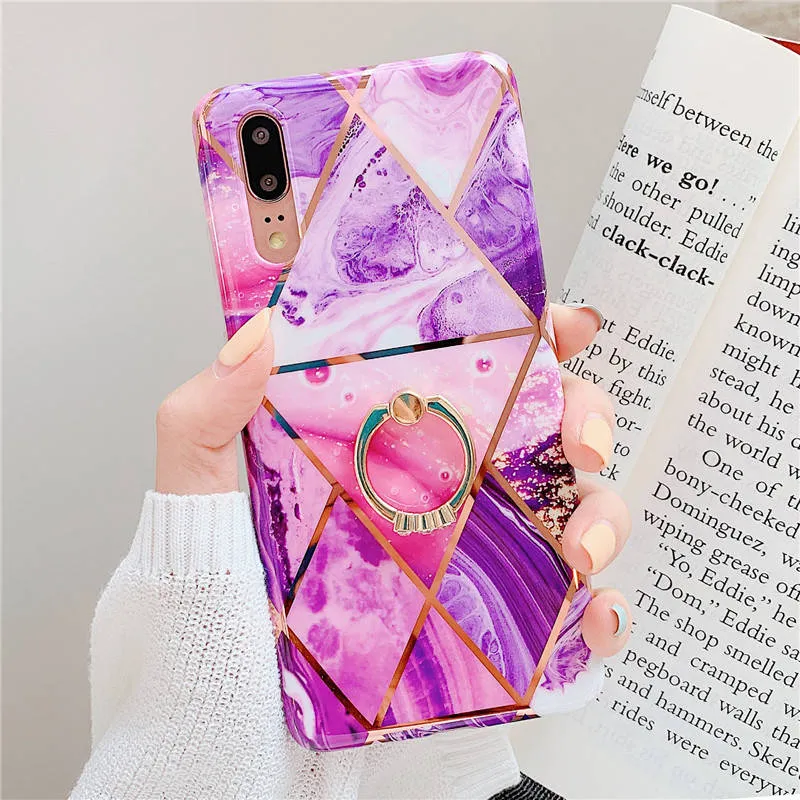 FLYKYLIN Ring Stand Case For Samsung Galaxy A50 A70 A40 Back Cover on Art Splice Marble Shell SKin Soft IMD Silicone Phone Coque