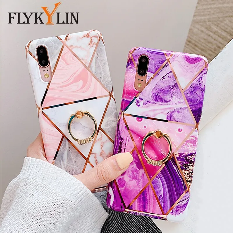 FLYKYLIN Ring Stand Case For Samsung Galaxy A50 A70 A40 Back Cover on Art Splice Marble Shell SKin Soft IMD Silicone Phone Coque