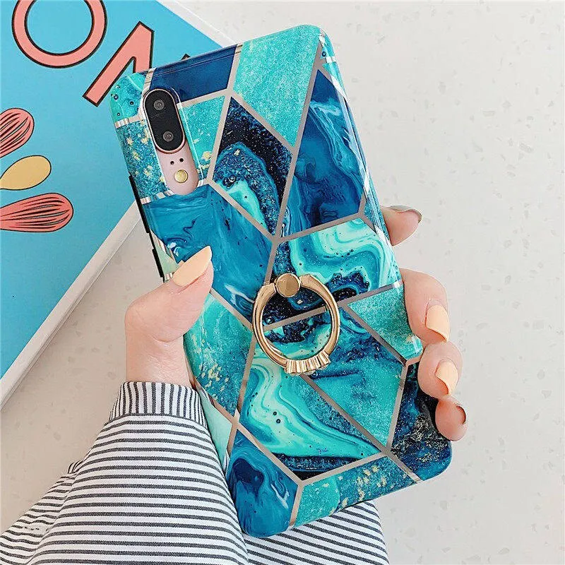 FLYKYLIN Ring Stand Case For Samsung Galaxy A50 A70 A40 Back Cover on Art Splice Marble Shell SKin Soft IMD Silicone Phone Coque