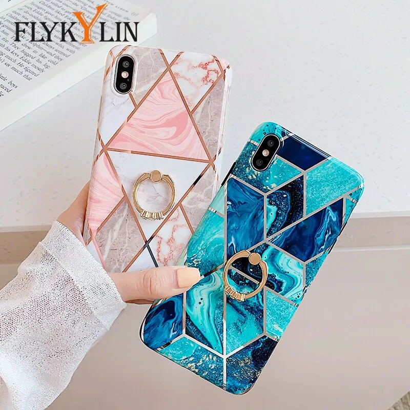 FLYKYLIN Ring Stand Case For Samsung Galaxy A50 A70 A40 Back Cover on Art Splice Marble Shell SKin Soft IMD Silicone Phone Coque