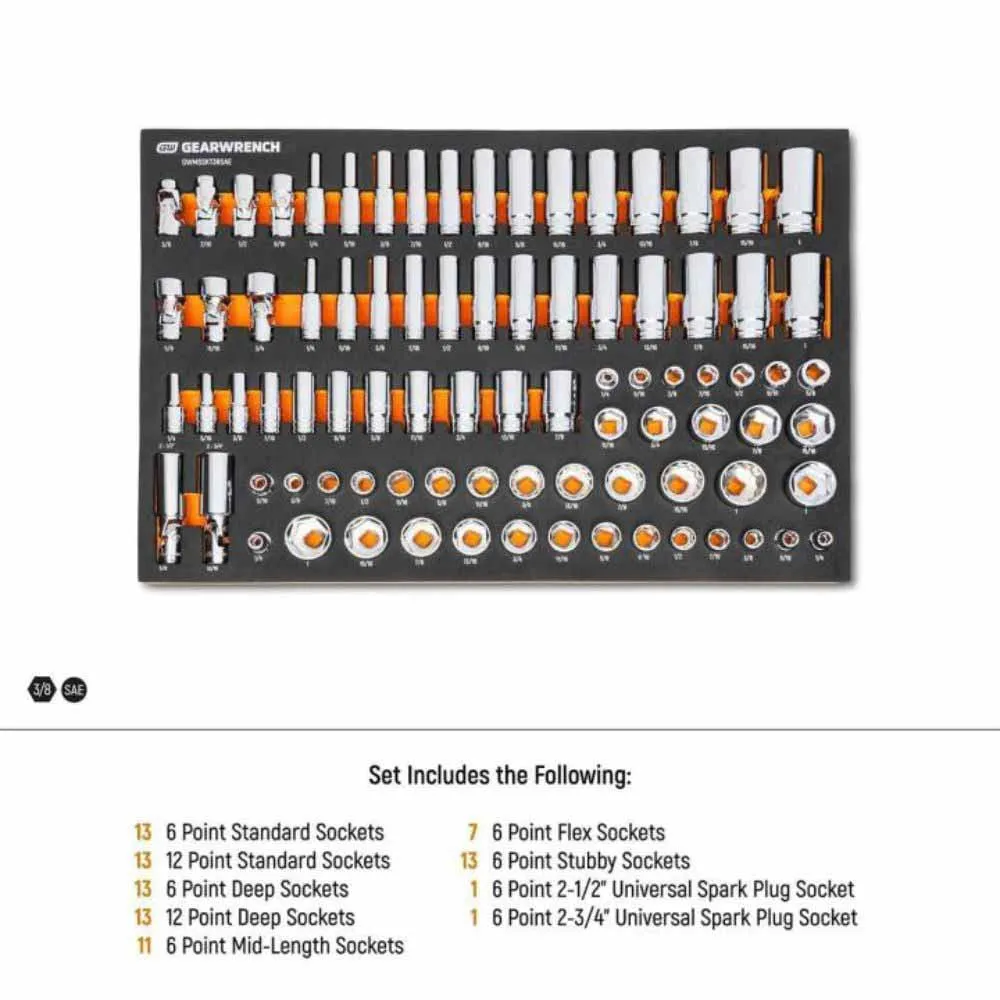 Gearwrench GWMSSKT38SAE 85 Piece 3/8” Drive Master SAE Socket Set in Foam Storage Tray