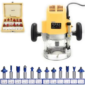 Homdum Wood Router Machine CNC Hand Tool for Working on Door Frame and Molding 1/2 Inch Shank Chuck for 12 mm Woodworking Engraving Bits with 2pc collets 6mm & 8mm with 12 pc 8mm Router bit Set Combo