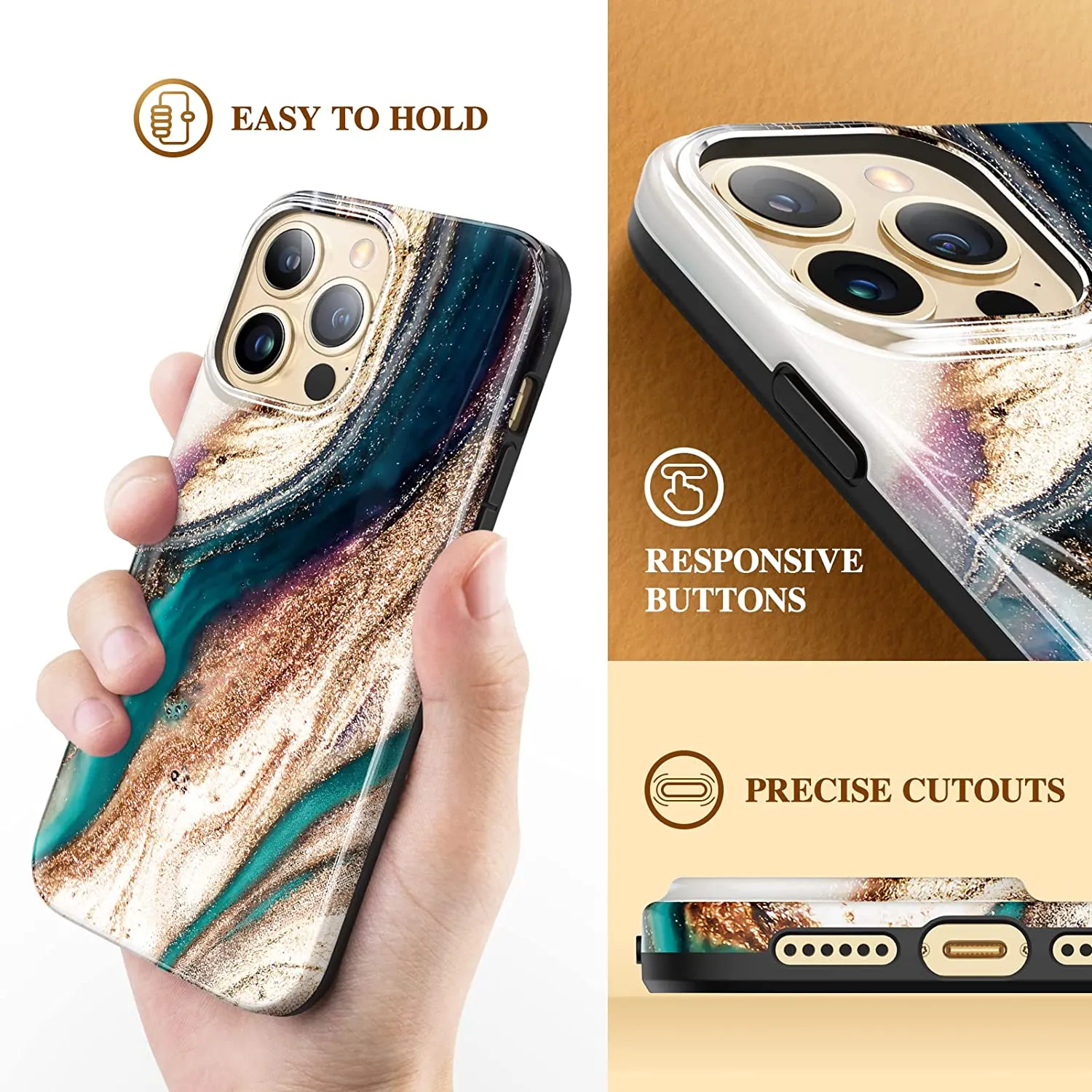 iPhone 14 Pro Military-Grade Drop Tested Marble Stylish Cases Shockproof Protective  Cover Brown