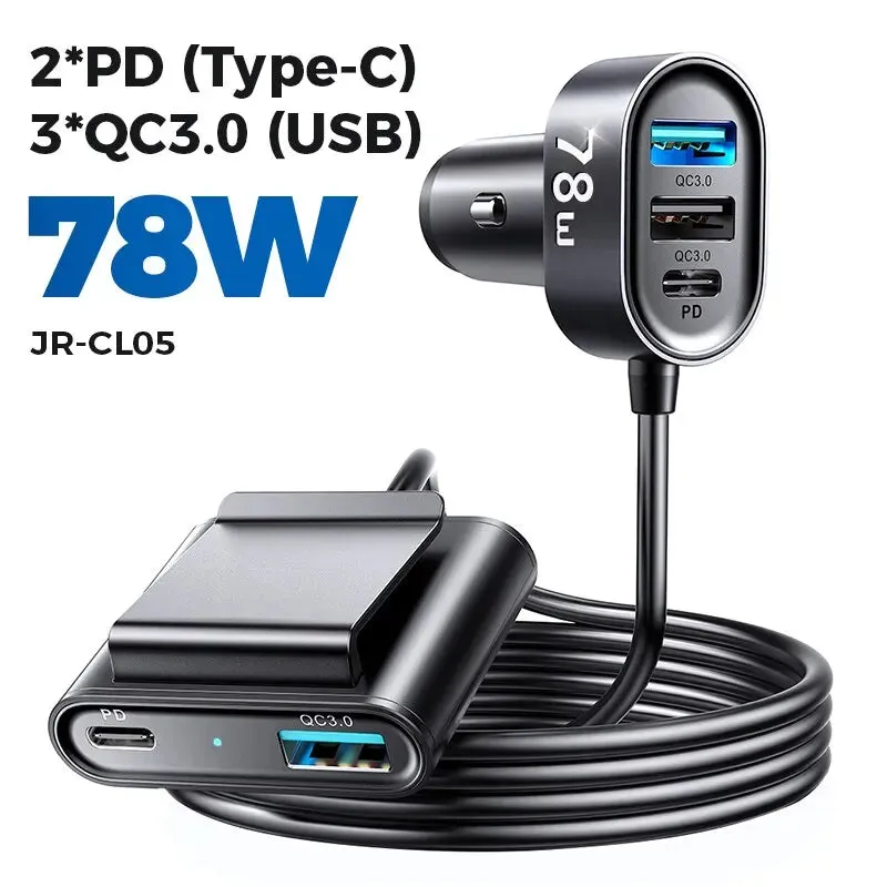 Joyroom 78W 5-in-1 Car Charger Fast USB C Car Charger with 1.5m Cable PD 3.0 QC 4.0 3.0 PPS 25W Type C Multi Car Charger Adapter