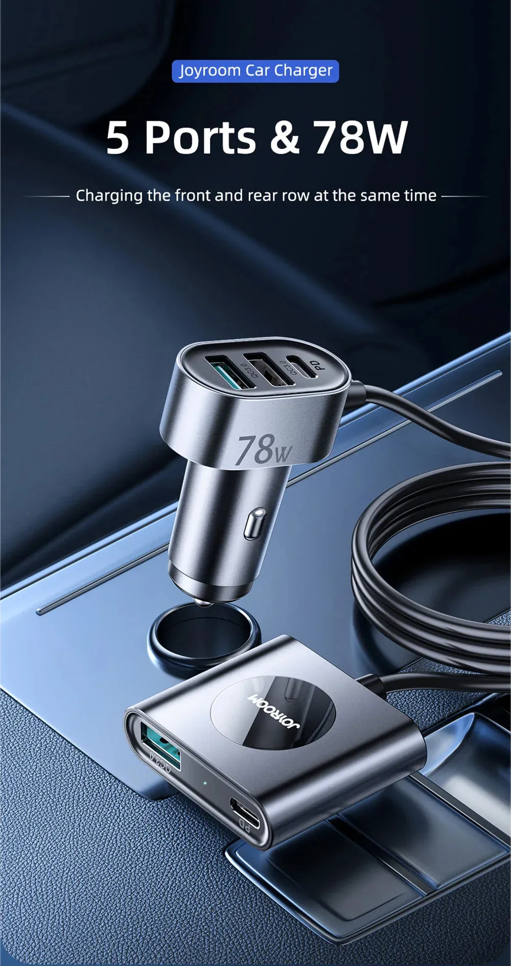 Joyroom 78W 5-in-1 Car Charger Fast USB C Car Charger with 1.5m Cable PD 3.0 QC 4.0 3.0 PPS 25W Type C Multi Car Charger Adapter