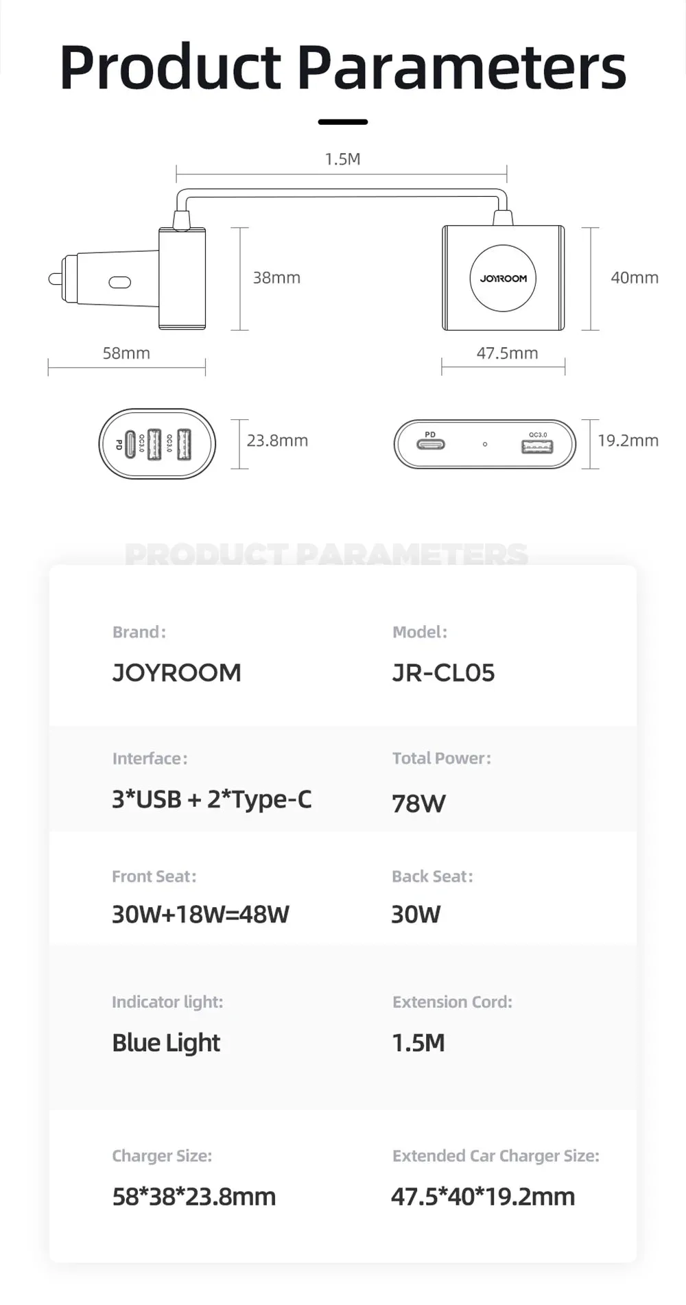 Joyroom 78W 5-in-1 Car Charger Fast USB C Car Charger with 1.5m Cable PD 3.0 QC 4.0 3.0 PPS 25W Type C Multi Car Charger Adapter