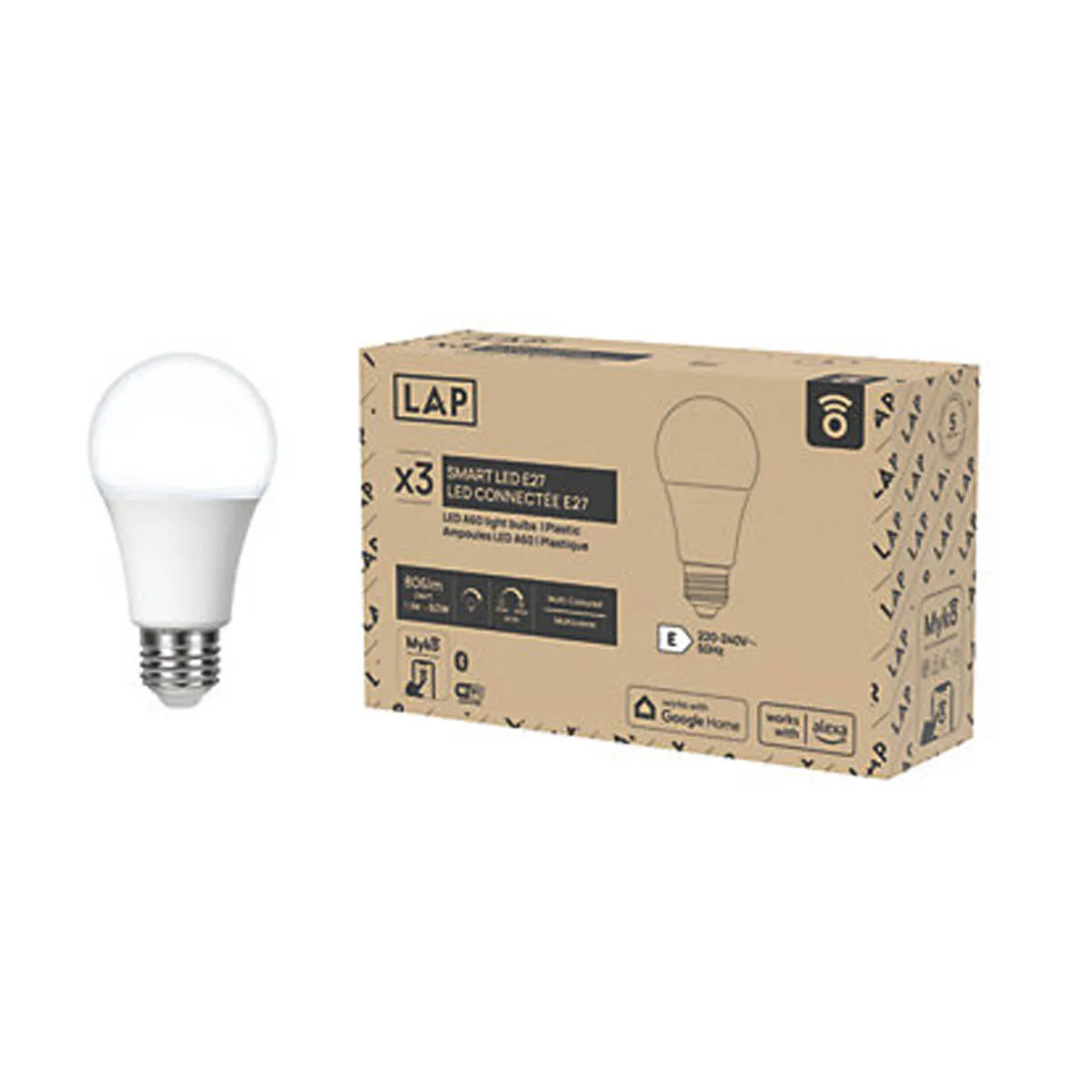 LAP  E27 A60 RGB & White LED Smart Light Bulb 7.3W 806lm 3 Pack