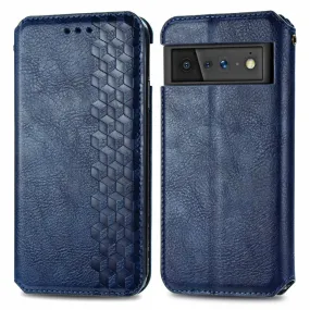 Leather case with a stylish rhombus imprint for Google Pixel 6 - Blue