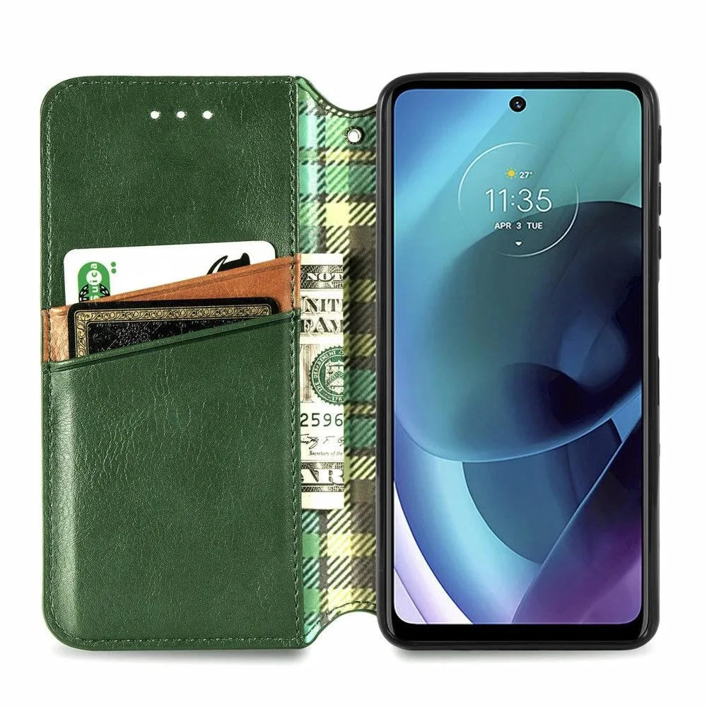 Leather case with a stylish rhombus imprint for Motorola Moto G51 5G - Green