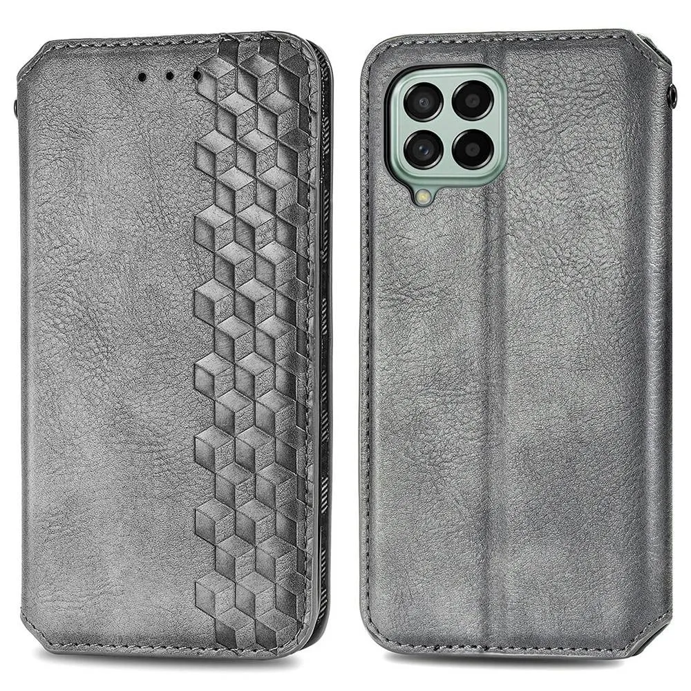 Leather case with a stylish rhombus imprint for Samsung Galaxy M33 5G - Grey