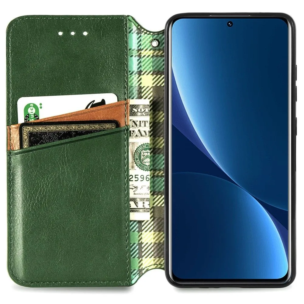 Leather case with a stylish rhombus imprint for Xiaomi 12 Pro - Green