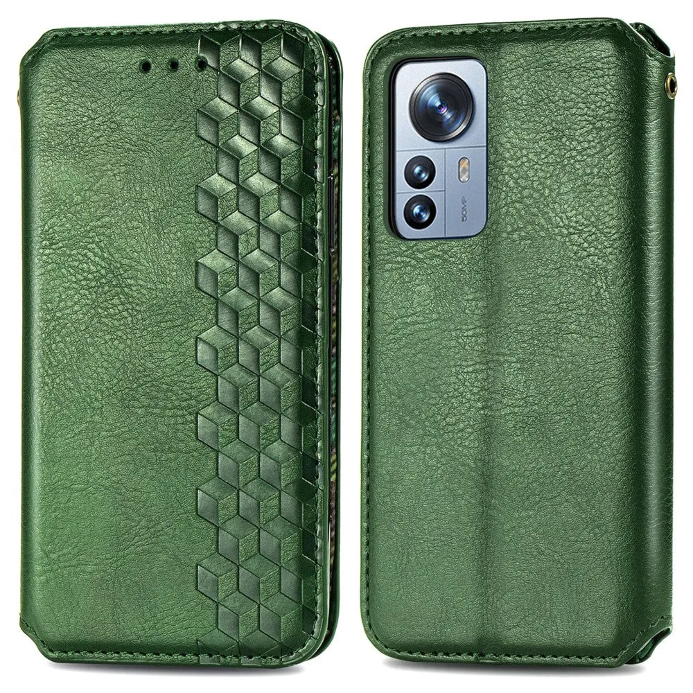 Leather case with a stylish rhombus imprint for Xiaomi 12 Pro - Green