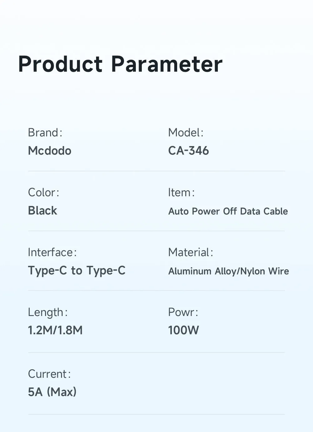 Mcdodo CA-346 | Type-C to Type-C Mobile Cable | Auto Power Off