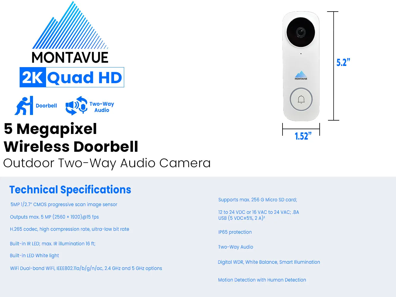 MTDB5124 | 5MP 2K Wi-Fi Doorbell Camera with 2-Way Audio and Human Detection