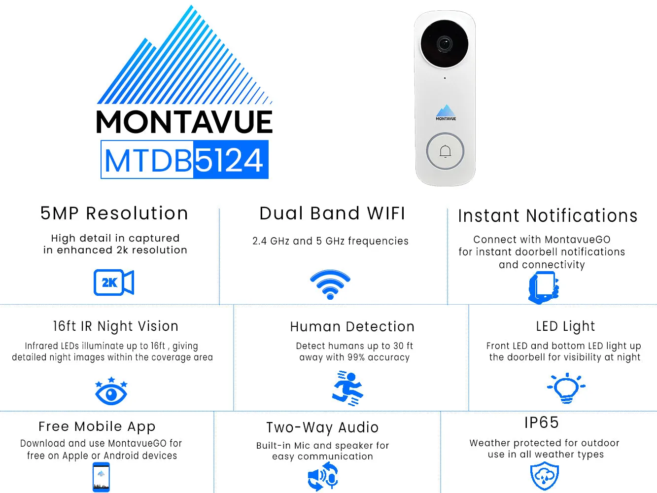 MTDB5124 | 5MP 2K Wi-Fi Doorbell Camera with 2-Way Audio and Human Detection