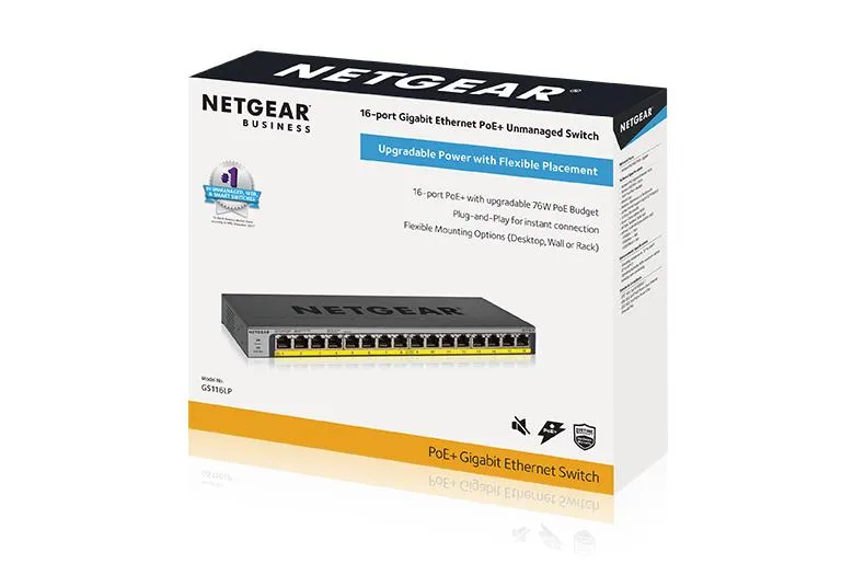 Netgear 16-port Gigabit Ethernet Unmanaged FlexPoE PoE  Switch with 16 PoE  Ports (76W)