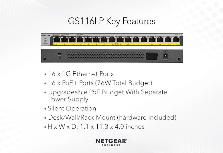 Netgear 16-port Gigabit Ethernet Unmanaged FlexPoE PoE  Switch with 16 PoE  Ports (76W)