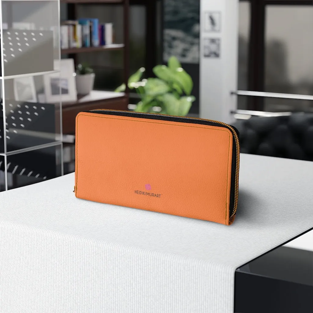 Orange Color Zipper Wallet, Solid Orange Color Long Compact Designer Premium Quality Women's Wallet