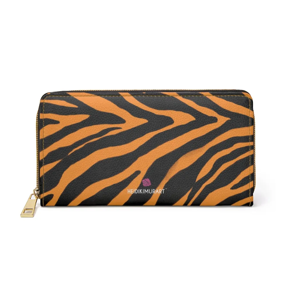 Orange Zebra Print Zipper Wallet, Best Zebra Striped Animal Print Gold Color Zipper Wallet For Women