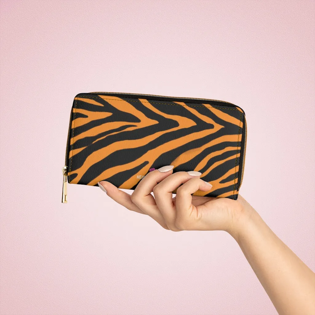 Orange Zebra Print Zipper Wallet, Best Zebra Striped Animal Print Gold Color Zipper Wallet For Women