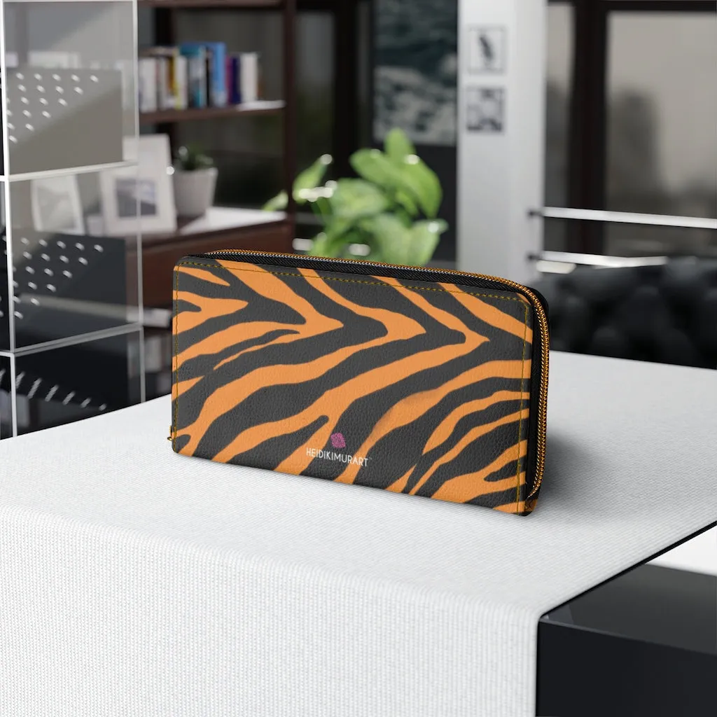 Orange Zebra Print Zipper Wallet, Best Zebra Striped Animal Print Gold Color Zipper Wallet For Women