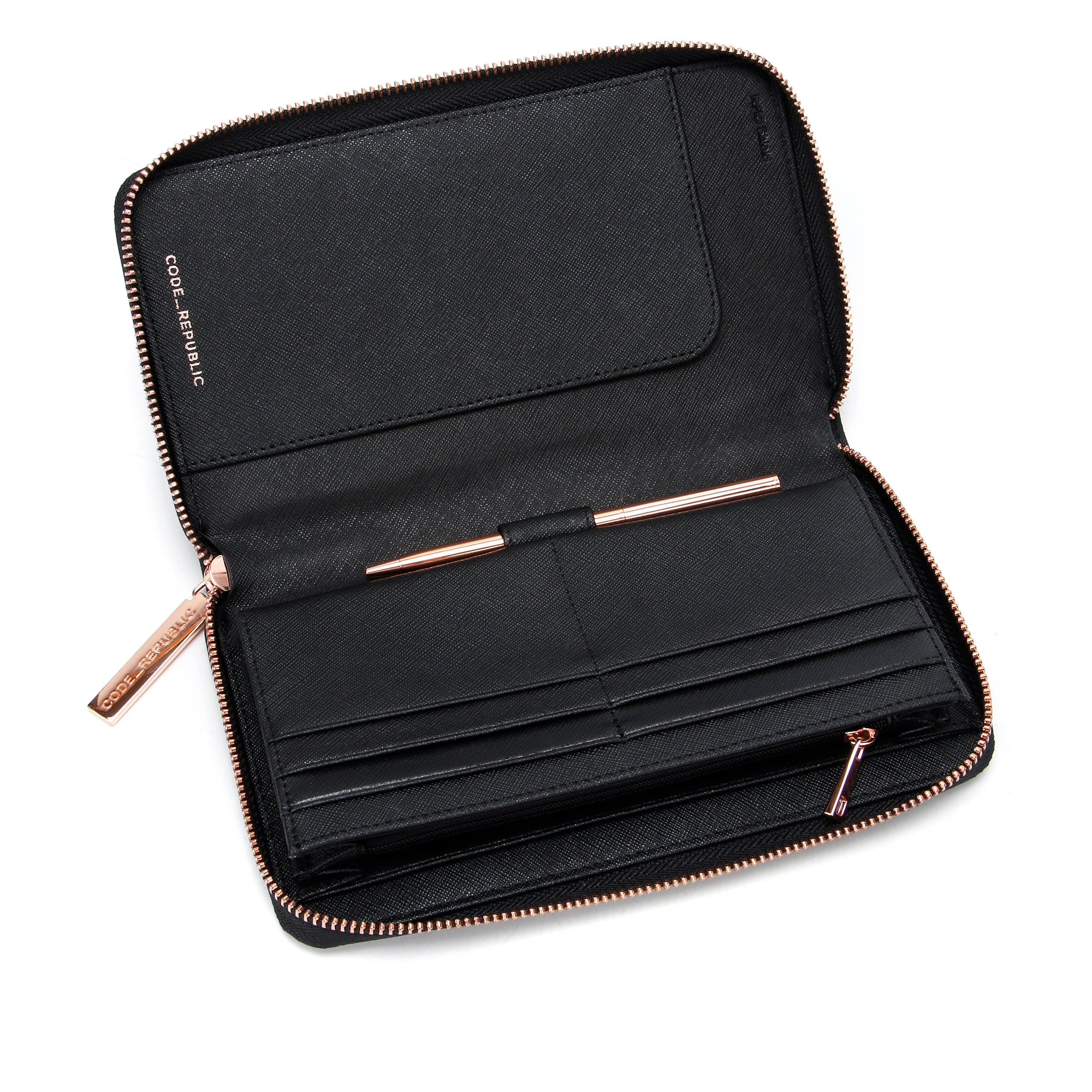 PASSPORT PHONE WALLET Black Saffiano Leather Rose Gold