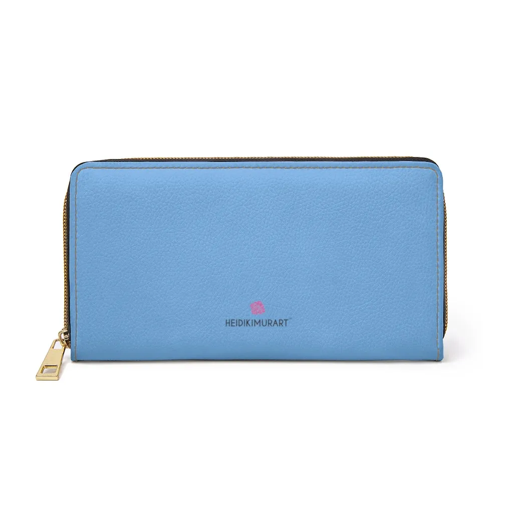 Pastel Blue Color Zipper Wallet, Solid Blue Color Long Compact Designer Premium Quality Women's Wallet