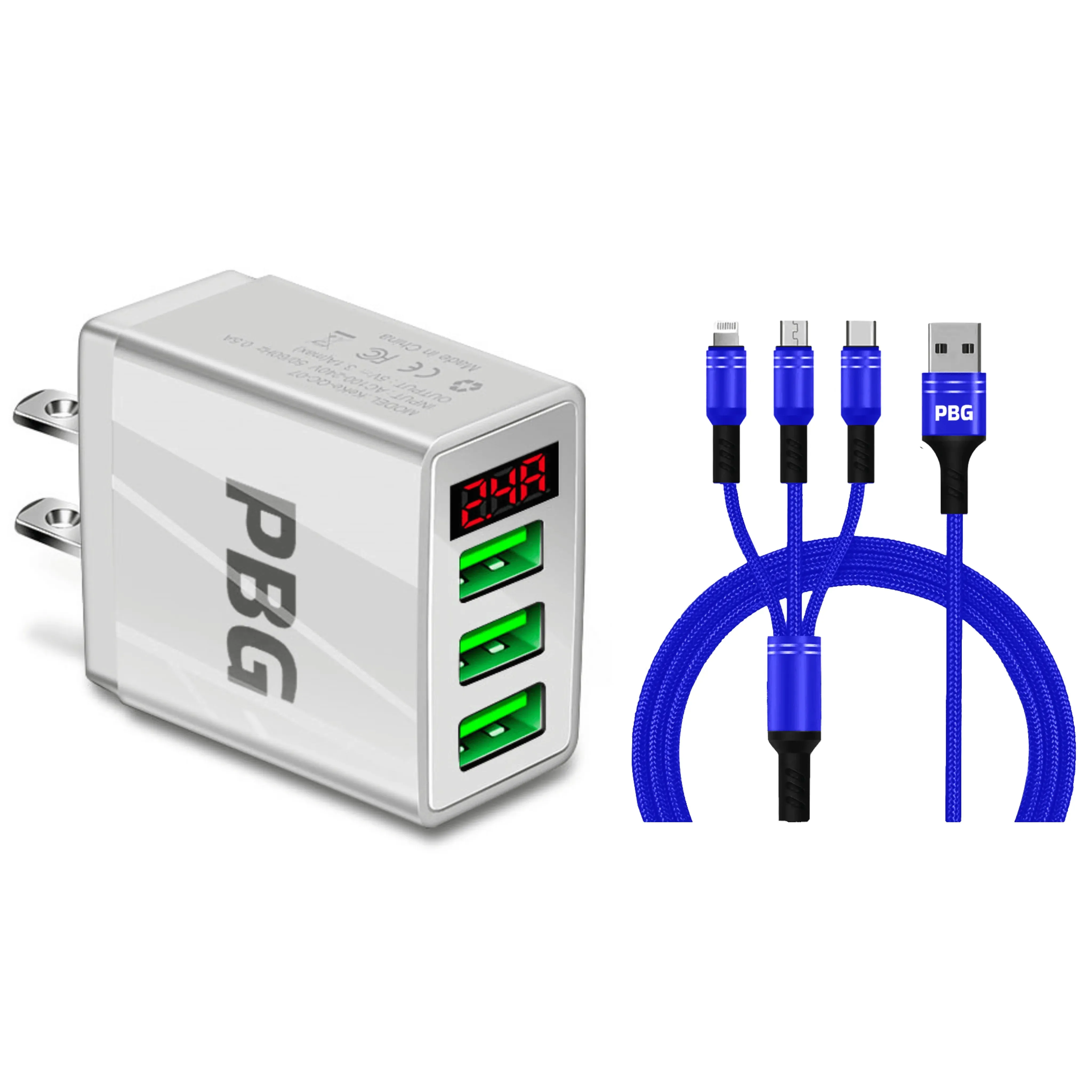 PBG 3 port LED Display Wall Charger and 3 in 1 Cable Bundle Blue