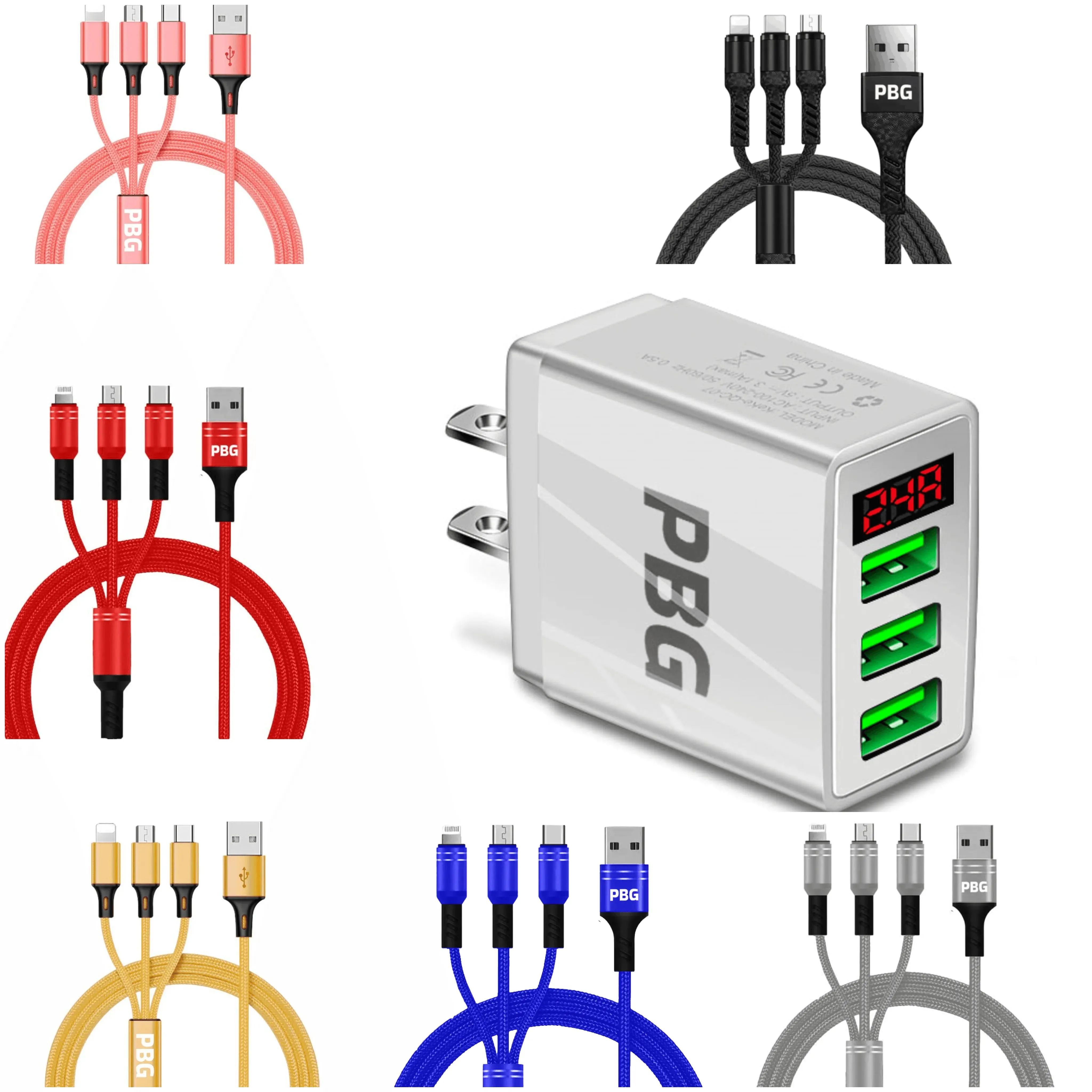 PBG 3 port LED Display Wall Charger and 3 in 1 Cable Bundle Blue